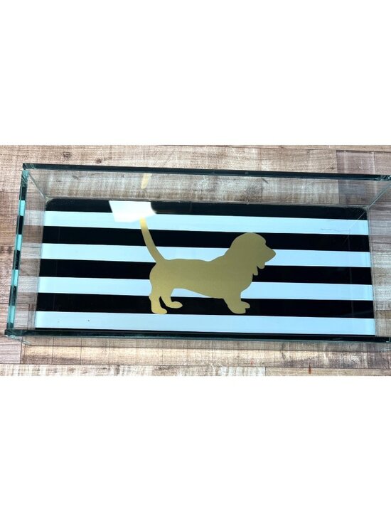 Unknown Other - Gold Dog Silhouette Glass Tray Black & White Stripe Decorative Storage Organizer